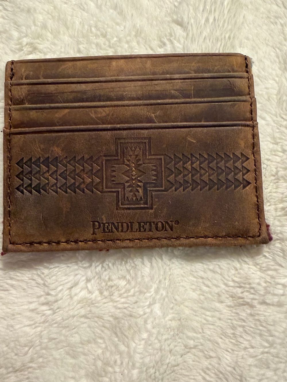 Pendleton Brown Leather Card Holder with Embossed Native Pattern